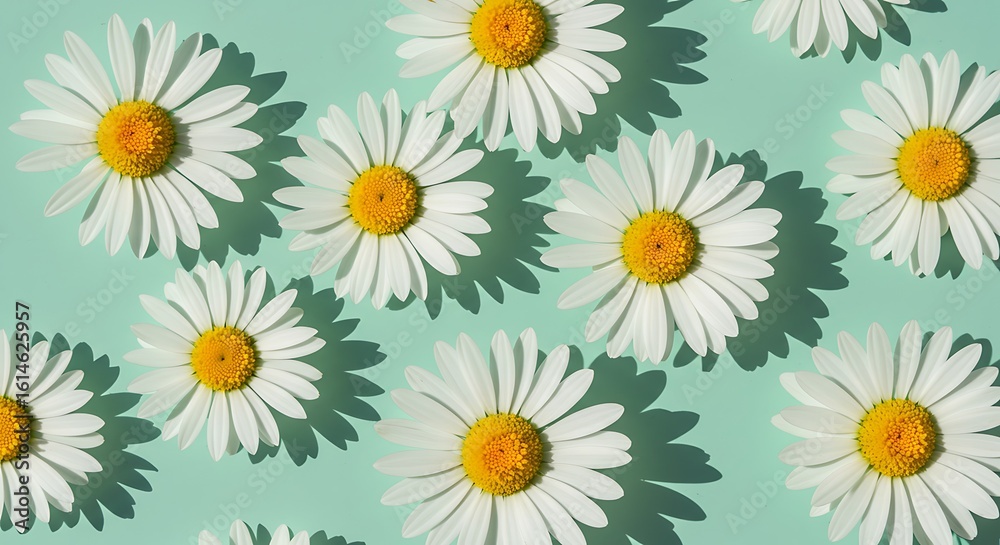 Fototapeta premium Bright Overhead Daisy Blossom Flower Arrangement on Light Green Surface