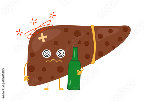 Sick unhealthy ill drunk liver cartoon character hold in hand alcohol bottle. Destruction addiction injury hepatic vector illustration