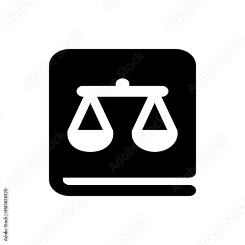 Illustration of a black law book with rounded corners and a white scales of justice symbol centered on it