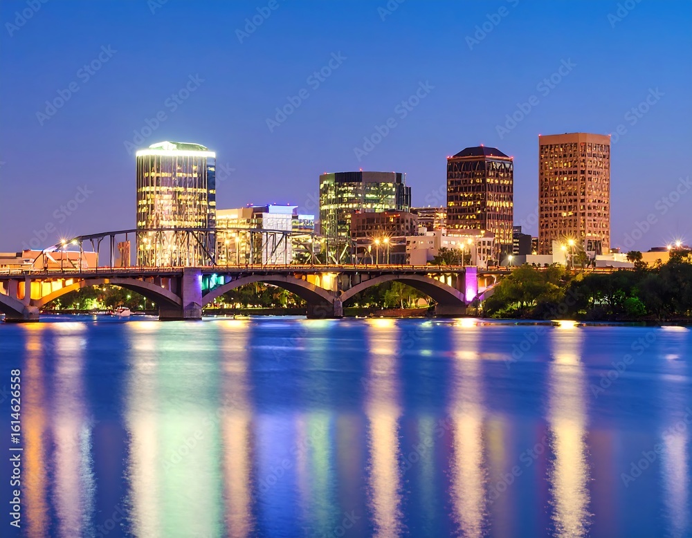 Naklejka premium City skyline at twilight reflected on water