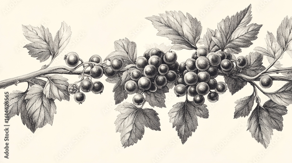 Obraz premium Currant With Pen-And-Ink Illustration Elaborate Bush