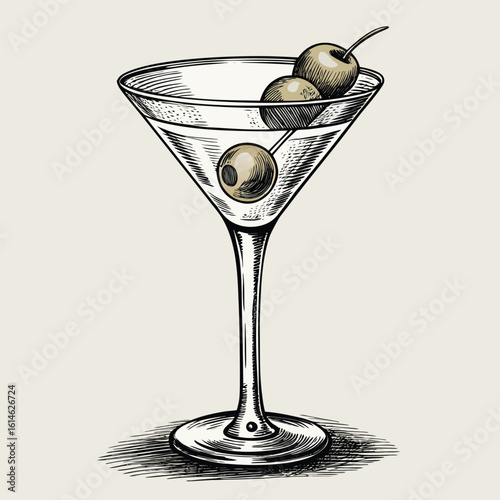 Detailed hand drawn sketch of a classic martini cocktail