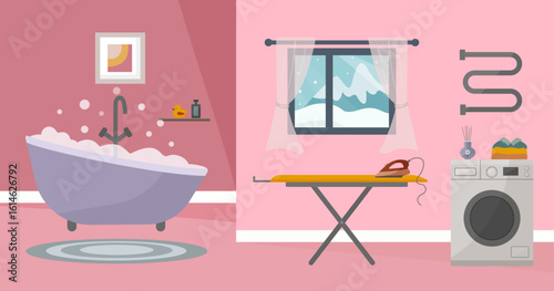 Modern bathroom interior with bathtub, washing machine, ironing board, and large window. Cozy home bathroom with tile walls, laundry area, and minimalist decor. Vector flat illustration.