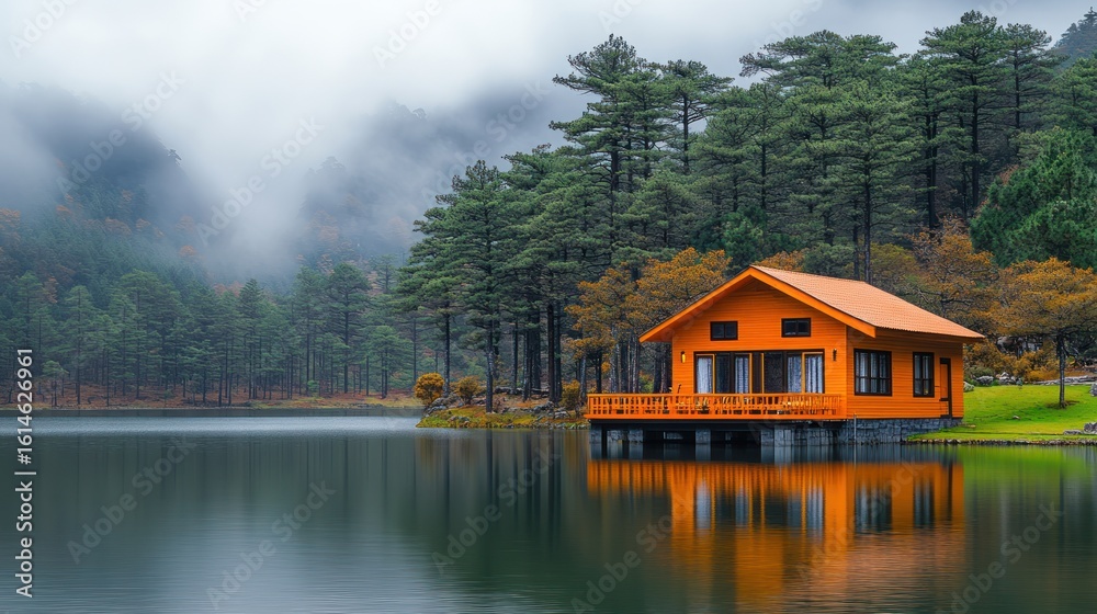 Fototapeta premium Orange cabin by a serene lake, misty mountains