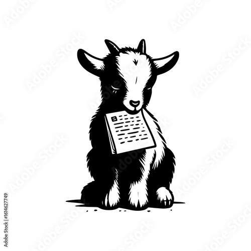 goat kid nibbling on a piece of notebook paper