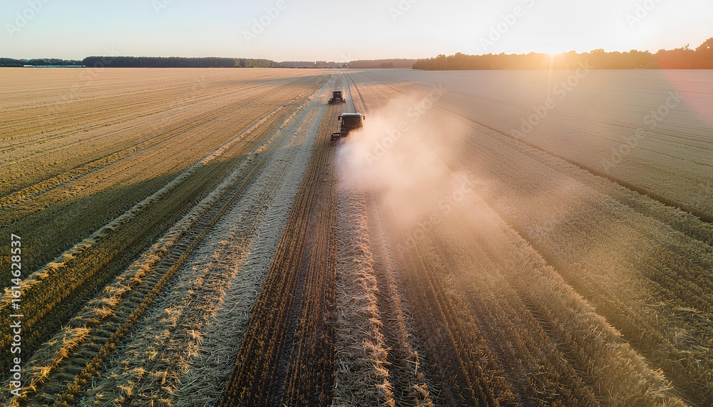 Naklejka premium Aerial View Of Farm Machinery Harvesting Crop Field During Golden Hour, Tech Meets Food