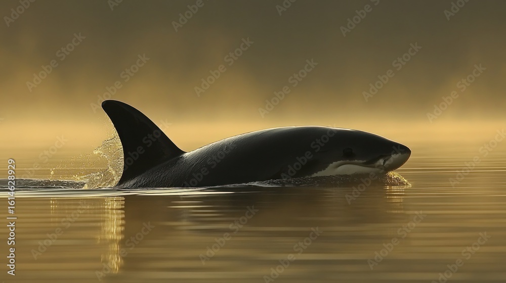 Fototapeta premium Orca in golden sunrise mist