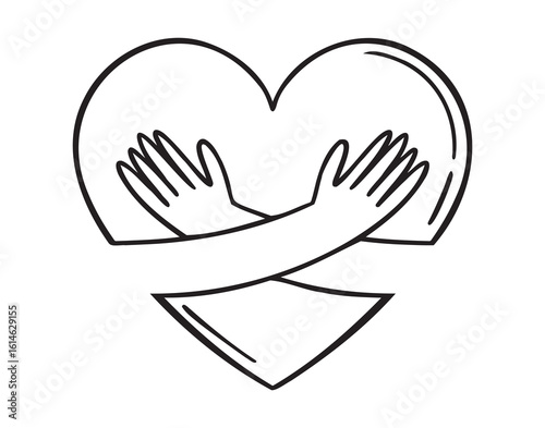heart with hand hug gesture icon doodle hand drawn. Outline heart hug line drawing clipart symbol