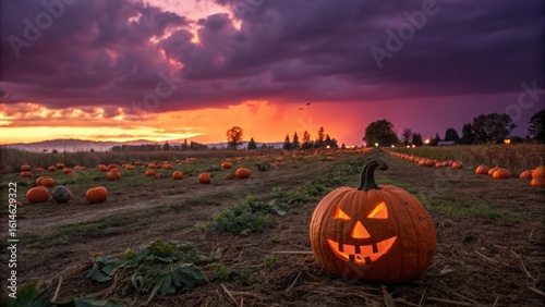 Glowing jack o lantern pumpkin in a field at dramatic sunset.