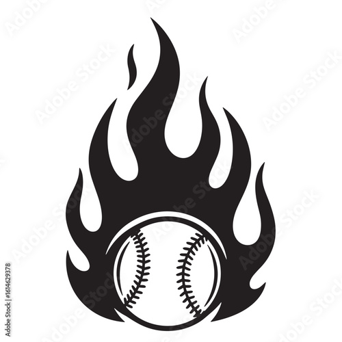 Baseball on fire vector illustration in black and white with detailed flames graphics