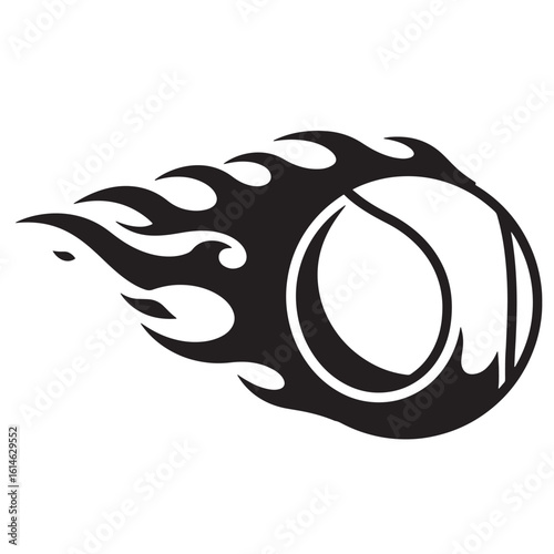 Black and white burning tennis ball stylized with flame design isolated on white background
