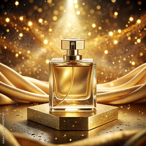 “Luxury perfume bottle on golden podium with silk background and light sparkles — high-end fashion visual”