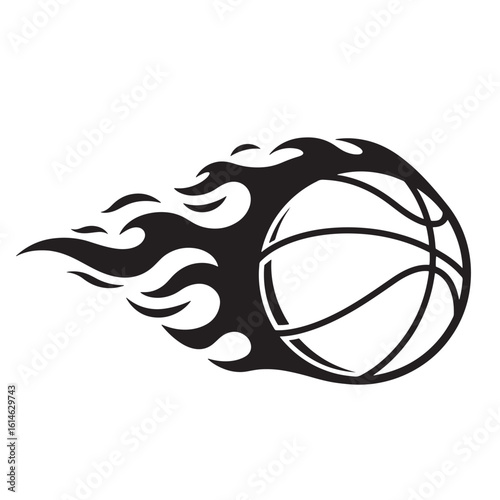 Black and white illustration of a burning basketball with flames graphic design element