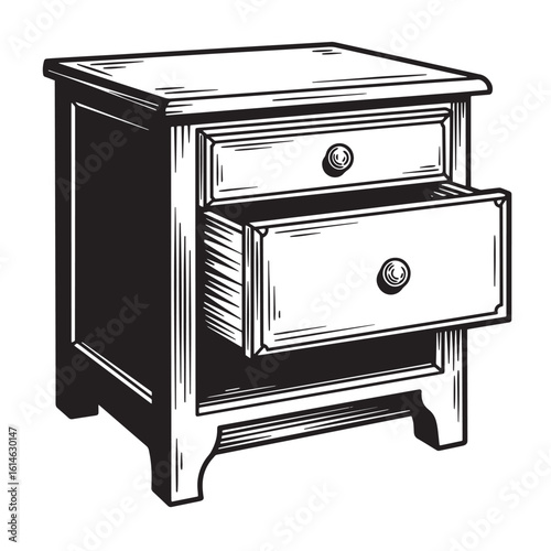 Black and white illustration of a vintage nightstand with an open drawer for design.