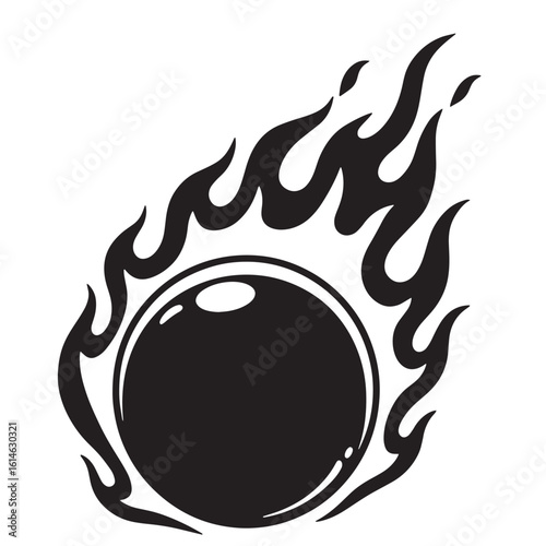 Bold black and white illustration of a flaming sphere against a white background