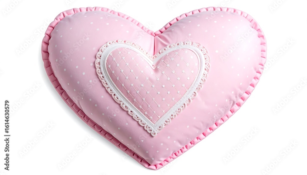 Heart-shaped pink pillow with delicate lace trim Heart-shaped pink pillow with delicate lace trim