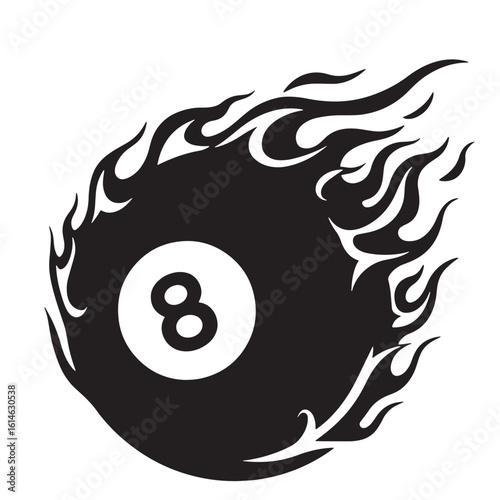 Burning eight ball emblem illustrating flames and billiard symbol for diverse design applications