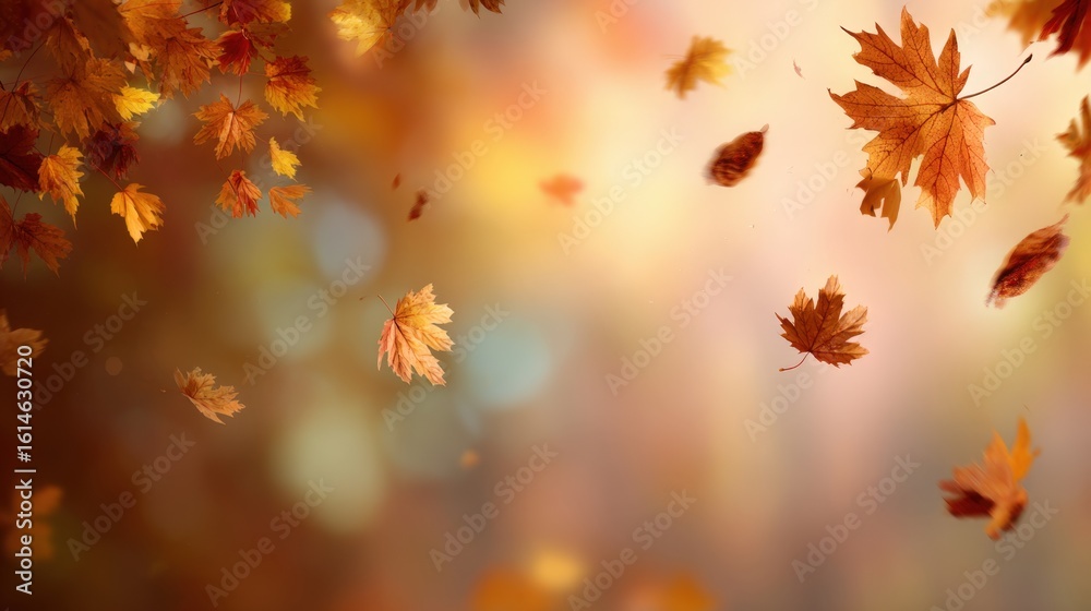 In a vibrant forest during fall, golden and red leaves twirl and swirl in the air, illuminated by soft sunlight filtering through the trees, creating a magical and serene atmosphere In a vibrant forest during fall, golden and red leaves twirl and swirl in the air, illuminated by soft sunlight filtering through the trees, creating a magical and serene atmosphere