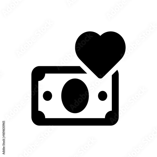 Illustration of a money bill with two circles and two rounded corners and a heart shape on the right