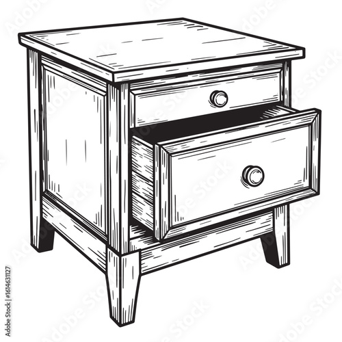 Detailed black and white illustration of a classic nightstand with open drawer