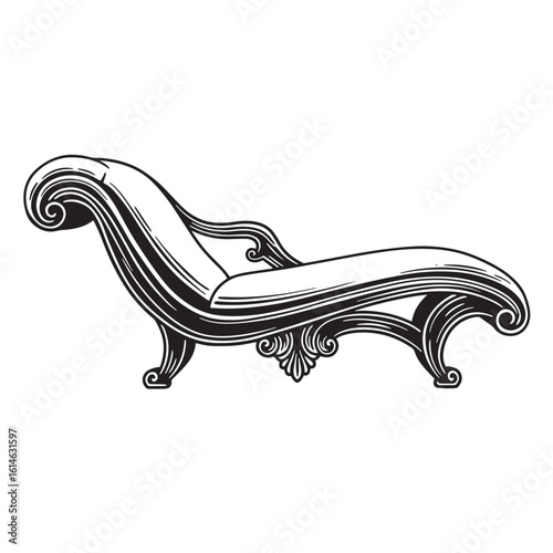 Elegant and ornate black and white illustration of a classic chaise lounge chair