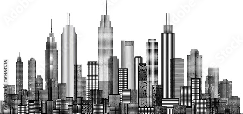 Abstract black and white sketch of a modern city skyline with tall skyscrapers and detailed architectural lines