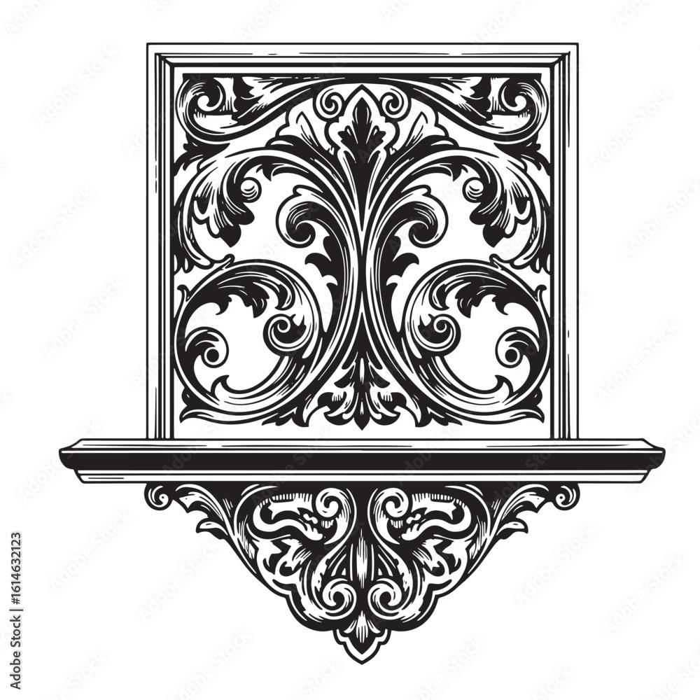Elegant victorian decorative shelf with ornate scrollwork and floral elements in black and white