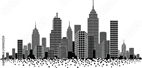 Modern cityscape silhouette with abstract textured foreground and tall skyscrapers against a white background