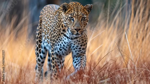 Majestic leopard stalking through tall grass at dawn