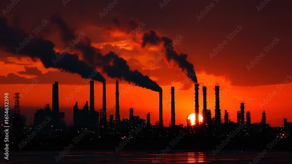 Industrial complex at sunset, smoke rising Industrial complex at sunset, smoke rising