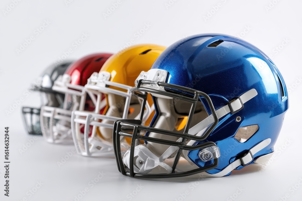 Fototapeta premium Colorful football helmets lined up in a striking side view showcasing a variety of designs and finishes ideal for any sports enthusiast or collector