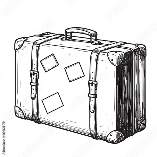 Hand-drawn vintage travel suitcase illustration featuring straps buckles and travel stickers in black and white