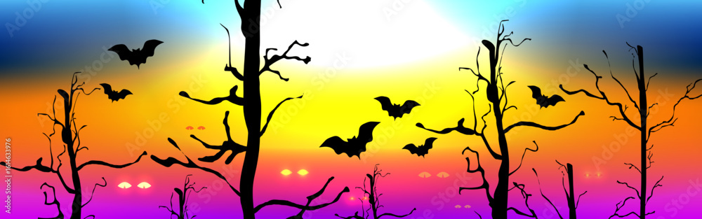 Naklejka premium Halloween banner background design tree with bats silhouette on horror sky color. Vector illustration.