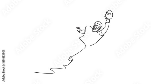 Animated self drawing of continuous line draw front view young American football player catches the ball and flies in the air. Professional career of sport male person. Full length one line animation