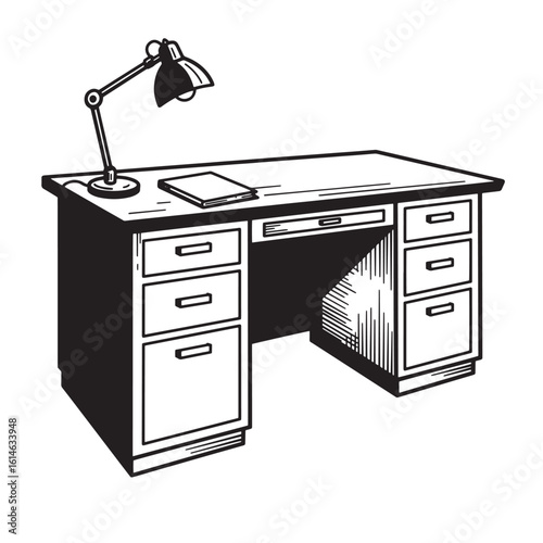 Simple office desk with lamp and notebook in black and white vector illustration