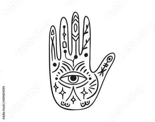 vintage hand or palm old fashion ethnic mystical outline tattoo. occult hand drawn symbol with eye. astrological and esoteric concept palm.