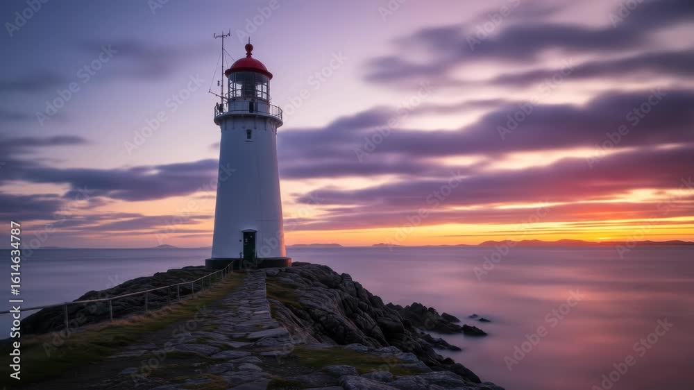 Coastal lighthouse on rocks during a vivid sunset with smooth ocean Coastal lighthouse on rocks during a vivid sunset with smooth ocean