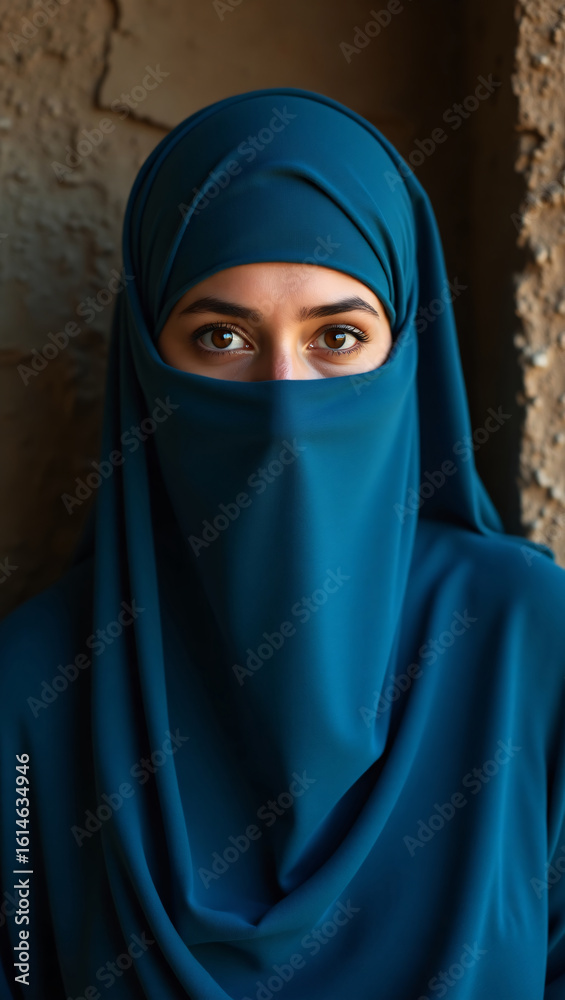 Naklejka premium A portrait of a woman in a teal hijab and a veil that reveals her expressive eyes against a textured stone wall