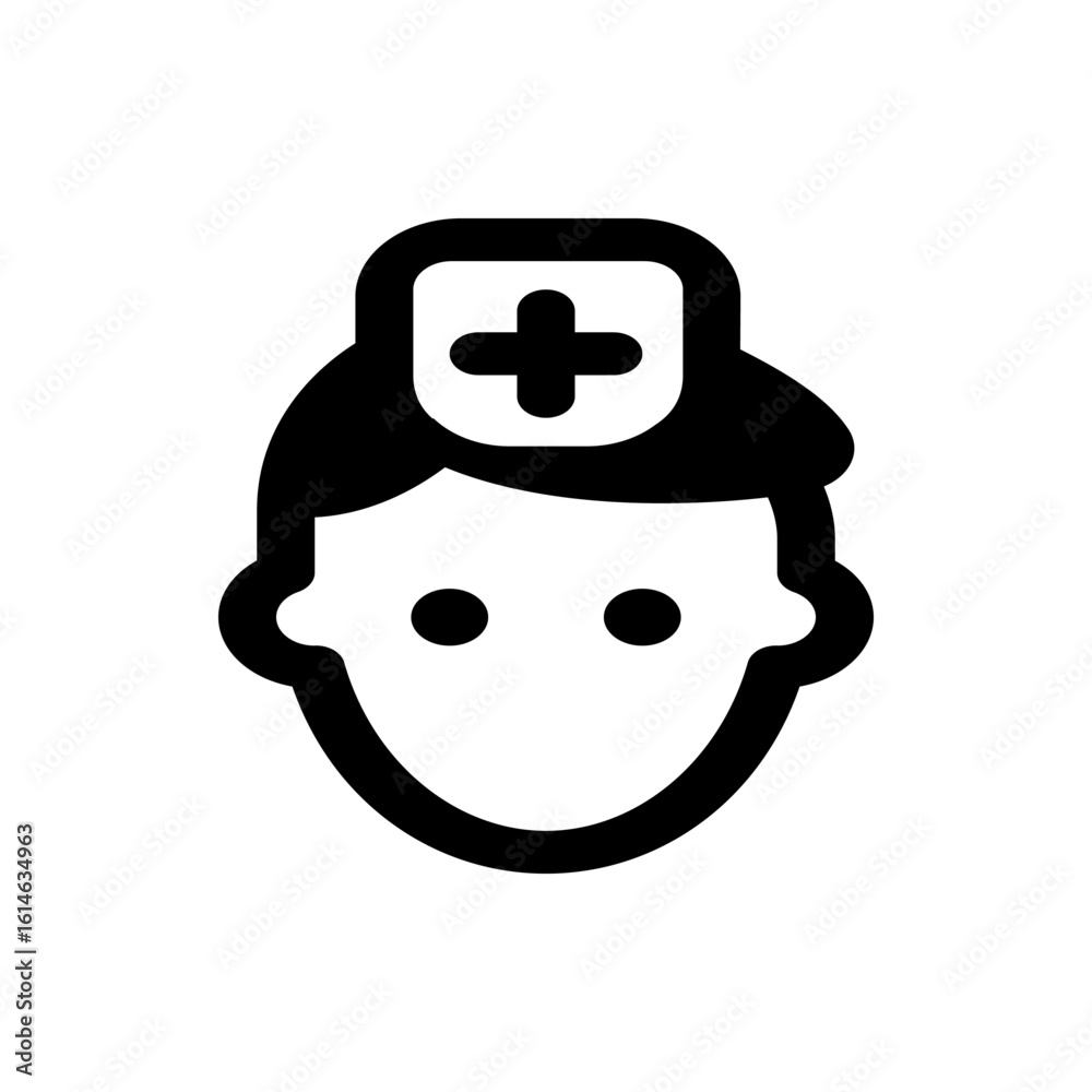 Illustration of a healthcare worker with a cap and a cross symbol in a simple black and white style Illustration of a healthcare worker with a cap and a cross symbol in a simple black and white style