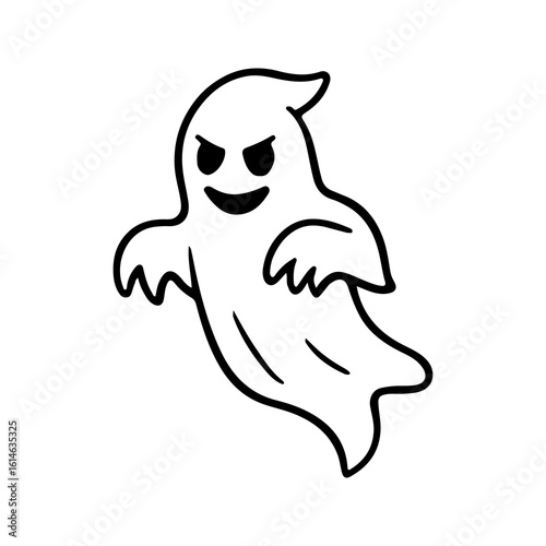 Spooky cartoon ghost with evil grin. Halloween black and white illustration with scary expression. Simple vector drawing for decorations, party invites, and spooky prints