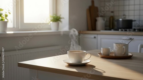 Wallpaper Mural Steaming cup of coffee on kitchen table with natural window light, breakfast drink, cozy morning scene, simple interior, lifestyle, relaxation, coffee break concept. Torontodigital.ca