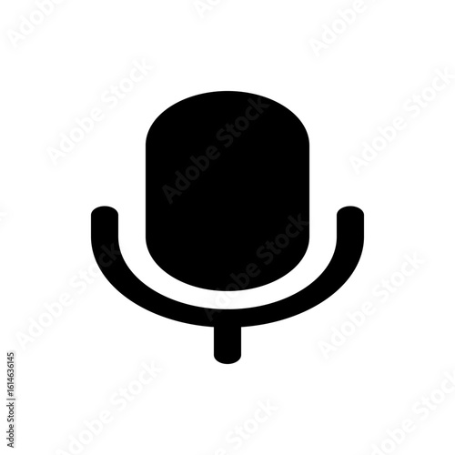 Illustration of a black microphone with a rounded top and a curved base on a white background design icon