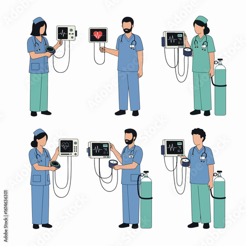 Healthcare Professionals Monitoring Patient Vitals: Nurses and Doctors with Medical Equipment, ECG Displays, and Oxygen Tanks.