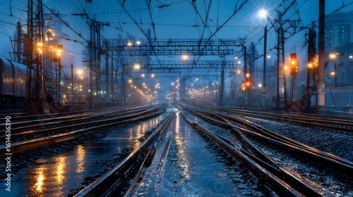 Shimmering electric rail tracks after rain urban nightscape