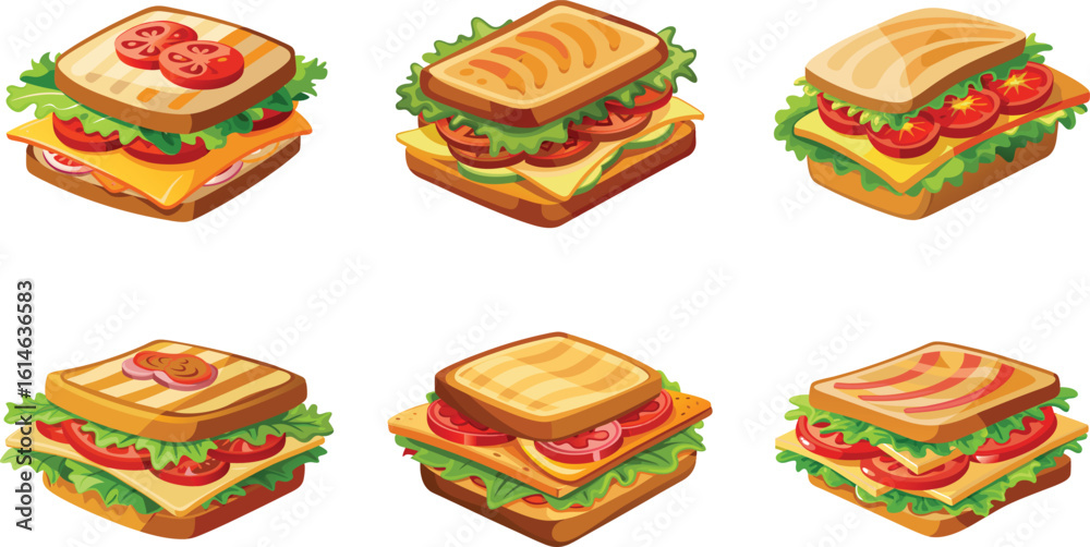 Fototapeta premium Isometric sandwiches with various toppings and fillings on a white background