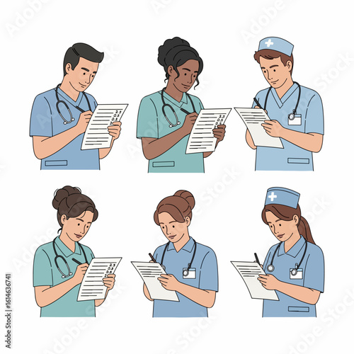 Diverse Healthcare Professionals Documenting Records: A Collection of Medical Staff Writing on Clipboards with Stethoscopes in Scrubs.