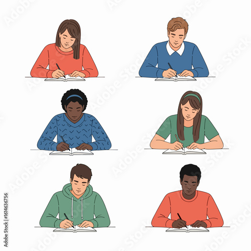 Diverse Young People Studying and Taking Notes, Focused on Academic Learning and Personal Development
