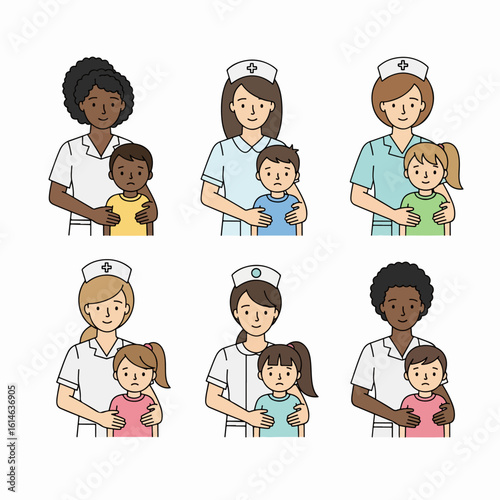 Diverse Nurses Comforting Children: A Set of Illustrations Depicting Healthcare Professionals and Young Patients Receiving Care and Support