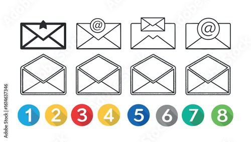 Set of email and envelope icons with communication and message symbols for web and app design

