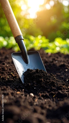 Garden spade in rich soil